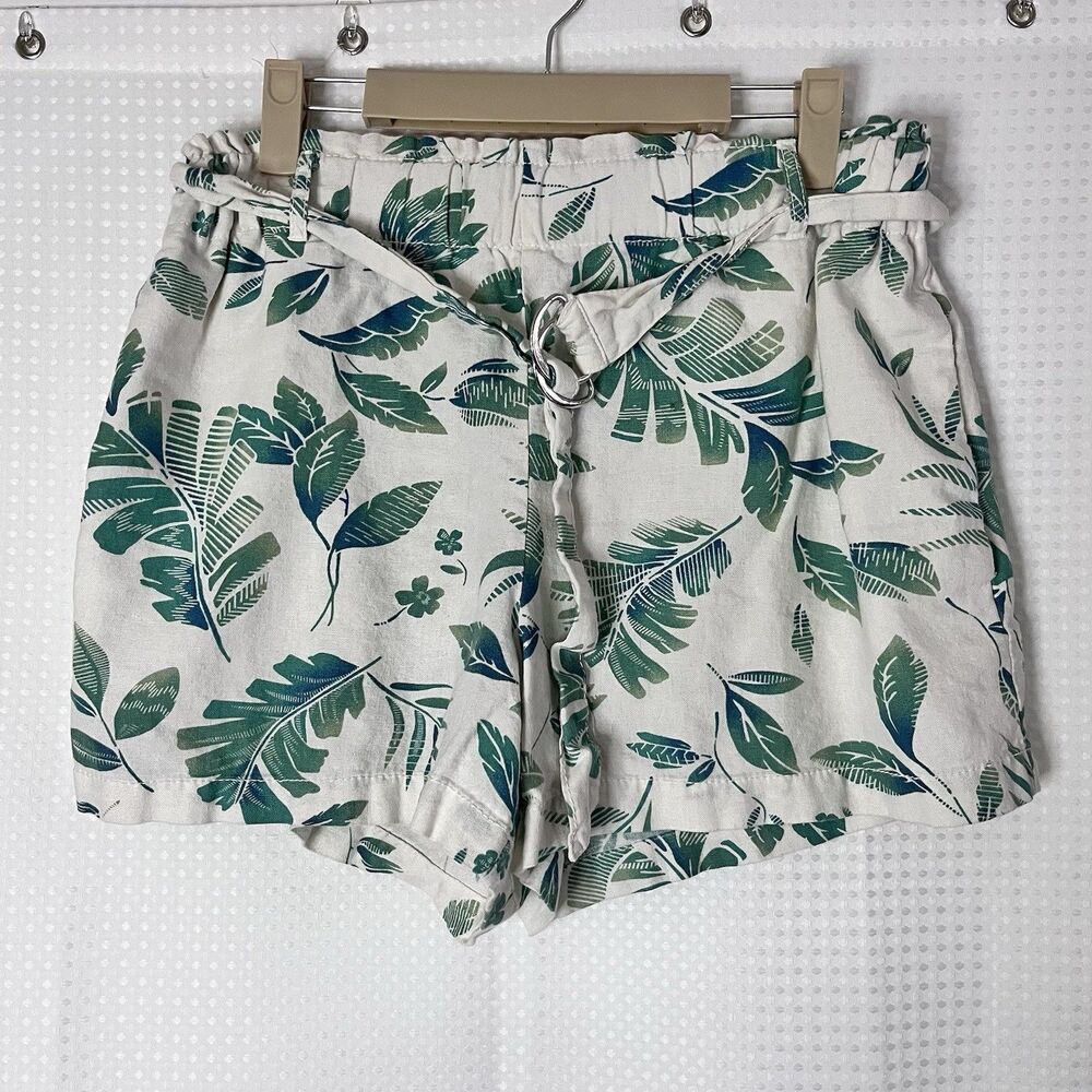 Cali 1850 Los Angeles Women’s Paperbag Waist Shorts L Green Leaf Linen Blend